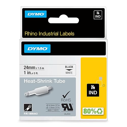 DYMO Rhino Industrial Heat-Shrink Labels, 1 Tube, Black Print on White