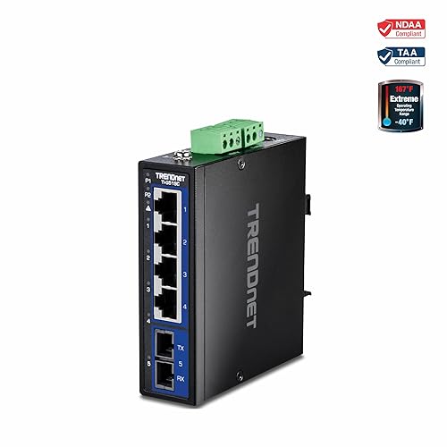 TRENDnet 5-Port Hardened Industrial Gigabit DIN-Rail Switch, TI-G51SC, 1 x Multi-Mode SC Port, 4 x Gigabit Ports, 10Gbps, IP30 Rated, Lifetime Protection, Black