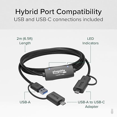 Plugable USB Data Transfer Cable PC to PC, Compatible with Windows USB C and USB 3.0, Transfer Files to New Computer with Included Bravura Easy Computer Sync Software, 6.6ft (USBC-TRAN)