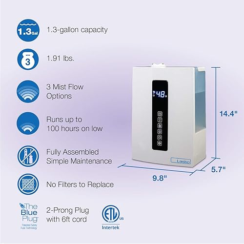 Lasko UH300 Warm and Cool Mist Humidifier with Humidistat and Timer, Quiet, Soothing Ultrasonic Dual Mist Humidifiers for Baby Nursery, Bedroom, Kids, Large Room and Home, 4.9L Tank, No Filter