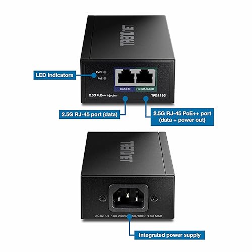 TRENDnet 2.5G PoE++ Injector, TPE-219GI, 90W PoE++, 30W PoE+, 15.4W PoE, IEEE 802.3 bt /802.3at/802.3af Compliant, Metal Housing, Up to 100m (328 ft.), Black 2.5G 90W