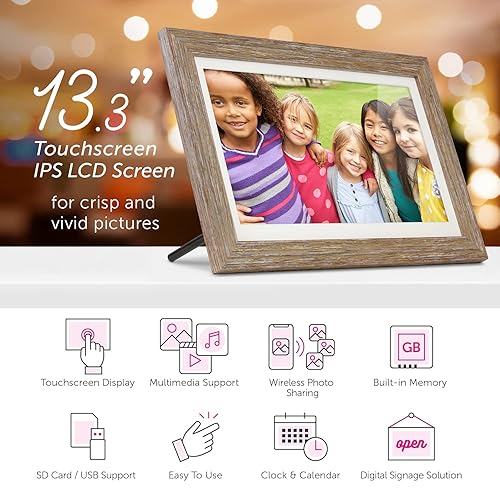 Aluratek 13.3 WiFi Distressed Wood Digital Photo Frame with 16GB Built-in Memory 1280 X 800, 16:9 (ASHDPF13F)