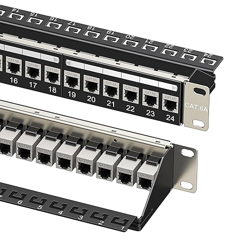 Cable Matters 1U 19-Inch 24-Port 10Gbps Cat6A Ethernet Patch Panel with Inline Keystone and Cable Management Bar, Rackmount or Wall Mount Network Patch Panel / RJ45 Patch Panel