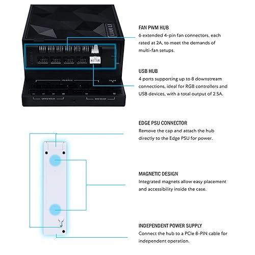 Lian Li Universal USB & PWM Fan Hub, Fan Controller with 4 USB Headers - 6 Fan Ports - Magnetic Mounting - 5V/4PIN - PSU/Motherboard Universal Case Compatibility - White (EG-HUB01B)