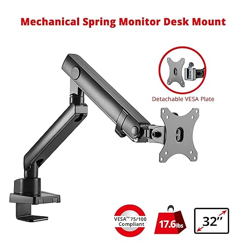 SIIG Aluminum Mechanical Single Monitor Arm Mount - Height Adjustable Desk Mount for 17in to 32in Screens - 17.6lbs Max VESA 75x75mm 100x100mm
