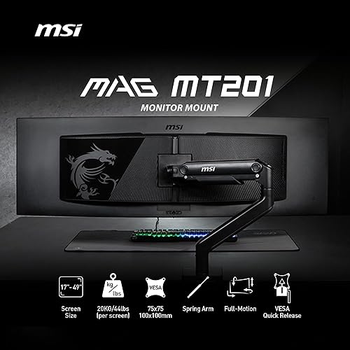 MSI MAG MT201 - Premium Heavy Duty Single Monitor Stand Arm, Supports 17-49 Screens and 44 lbs, VESA Compatible, Adjustable Spring Assisted Mount, Clamp & Grommet, Quick Release Plate - Black