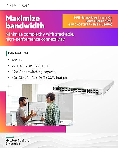 HPE Networking Instant On Switch Series 1960 48-Port Gb Smart-Managed Layer 2+ Ethernet Switch with PoE | 48x 1G | 2X 10GBase-T, 2X SFP+ | 40x CL4, 8X CL6 PoE 600W | Stackable | US Cord (JL809A#ABA)