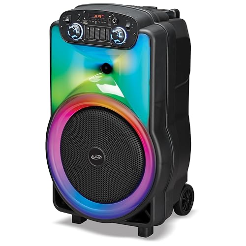 iLive The Show Bluetooth Wireless Party Speaker System, Truly Wireless Stereo, Aux In USB Port, MicroSD Slot, Microphone Input, Color Changing LED Lights, Retractable Pull Handle, Roller Wheels, Black