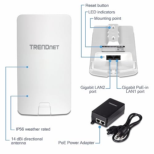 TRENDnet 14 DBI WiFi AC867 Outdoor Poe Preconfigured Point-to-Point Bridge Kit, 4 DBI Directional Antennas, 5GHz, AC867, TEW-840APBO2K Two Pack