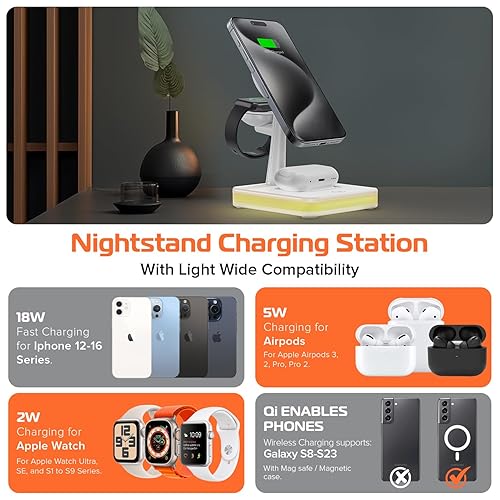 Spracht Flex Charge 4, 4-in-1 Wireless Charging Stand | 25W Fast Charger, Magnetic Connection -Works for Smartphone, Watch, Ear Buds, Qi-Enabled Devices | Nightlight, Magnetic Charging Stand (White)