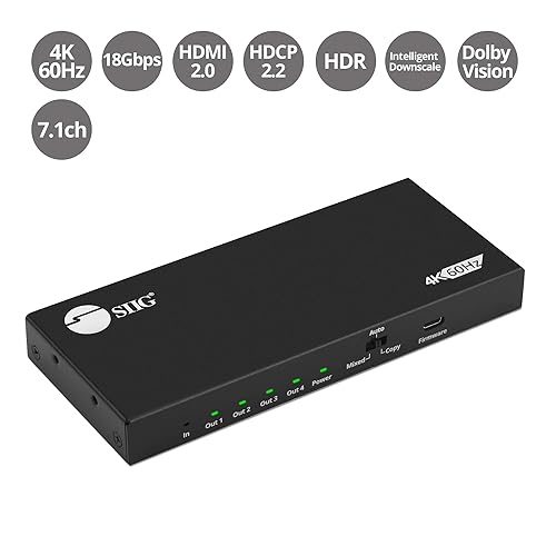 SIIG HDMI Splitter 1 in 4 Out Intelligent Video Downscaling 4K 60Hz HDR HDCP Bypass 2.2 EDID Management Digital and PCM 7.1 Audio (CE-H26C11-S1) 1x4 HDMI Splitter