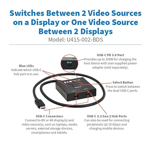 Tripp Lite 2x1 Bi-Directional USB-C Switch, 10 Gbps Data Transfer, 8K@60Hz or 4K@120Hz Video, 100W PD Charging, USB 3.2 Gen 2, HDCP Passthrough, No Software Needed, 3-Year Warranty (U415-002-BDS)
