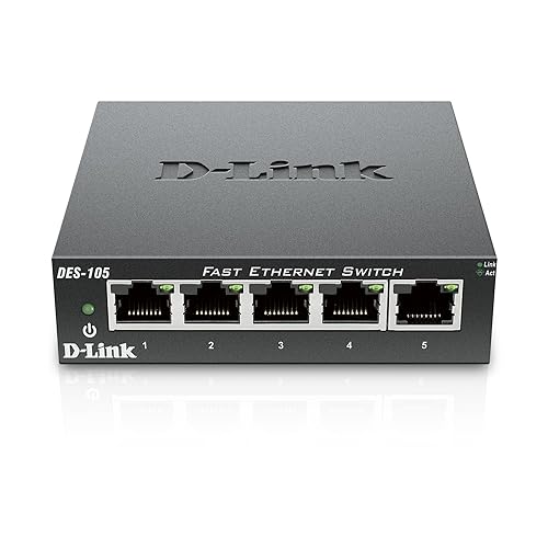 D-Link 5 Port Fast Ethernet Unmanaged Metal Desktop Switch, QoS, Plug and play, Fanless design, Rugged Metal Housing, IEEE 802.3az Energy-Efficient Ethernet (EEE), Ltd Lifetime Warranty (DES-105),Black 5 Port Switch