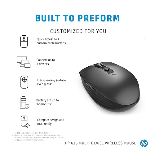 HP Wireless Multi-Device 635M Mouse - Travel Mouse - Wireless - Bluetooth - Black - USB - 4 Button(s)
