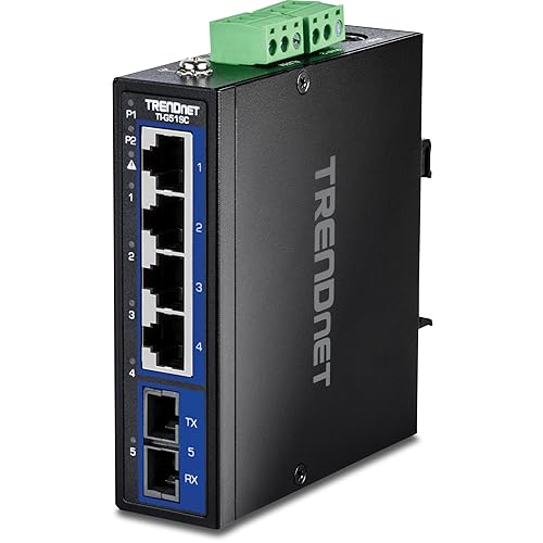 TRENDnet 5-Port Hardened Industrial Gigabit DIN-Rail Switch, TI-G51SC, 1 x Multi-Mode SC Port, 4 x Gigabit Ports, 10Gbps, IP30 Rated, Lifetime Protection, Black