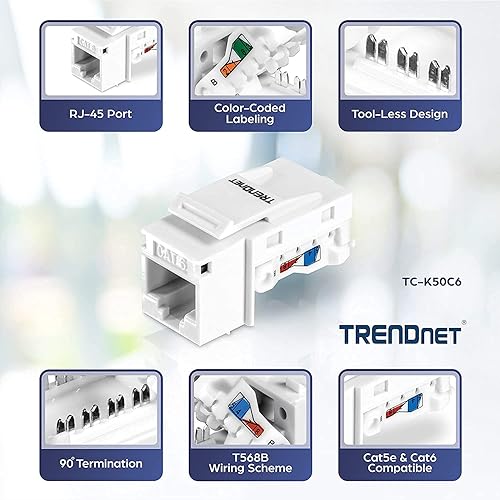 TRENDnet Cat6 RJ45 Keystone Jack 50-Pack Bundle, TC-K50C6, Compatible with Cat5/Cat5e/Cat6 Cabling, 90° Angle Termination, Use with The TC-KP24 or TC-KP48 Blank Keystone Patch Panels(Sold Separately) 50-Pack Keystone Jacks - White