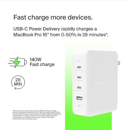 Belkin 140W 4-Port GaN Wall Charger, Multi-Port Charger Block w/USB-C Power Delivery Fast Charge & USB-A Port for Apple MacBook, iPhone 15 Series, iPad Pro, Samsung Galaxy S23, Google Pixel, & More