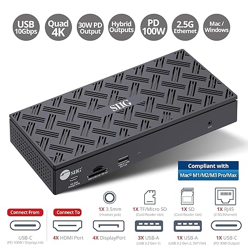SIIG USB-C Quad 4K 60Hz Docking Station with 100W PD - Quad 4K@60Hz Monitor Laptop Dock - DisplayLink - 4 HDMI 4 DisplayPort, 4X USB-A, 2X USB-C, Thunderbolt 3 Compatible, 2.5 Gigabit Ethernet
