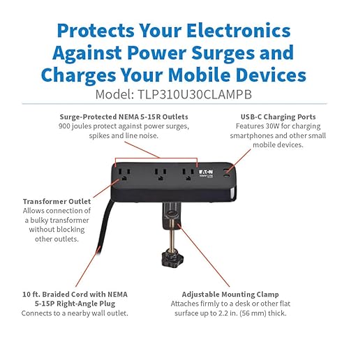 Eaton Tripp Lite series Desk Clamp Power Strip Surge Protector, 3-Outlets, 2x 30W USB-C Charging Ports, 900 Joules, 10ft Braided Flat Extension Cord, Lifetime Manufacturer's Warranty (TLP310U30CLAMPB) 3 Outlets Black (2x USB-C)