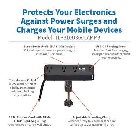 Eaton Tripp Lite series Desk Clamp Power Strip Surge Protector, 3-Outlets, 2x 30W USB-C Charging Ports, 900 Joules, 10ft Braided Flat Extension Cord, Lifetime Manufacturer's Warranty (TLP310U30CLAMPB) 3 Outlets Black (2x USB-C)
