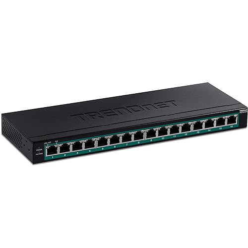 TRENDnet 16-Port Gigabit PoE+ Switch, TPE-TG160H, 123W PoE Power Budget, 32 Gbps Switching Capacity, Desktop Switch, Ethernet Network Switch, Metal, 1U 10" Rack Mountable, Lifetime Protection,Black 123W 16-Port