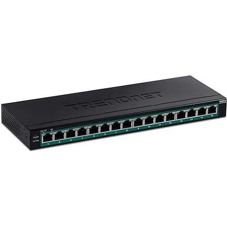 TRENDnet 16-Port Gigabit PoE+ Switch, TPE-TG160H, 123W PoE Power Budget, 32 Gbps Switching Capacity, Desktop Switch, Ethernet Network Switch, Metal, 1U 10" Rack Mountable, Lifetime Protection,Black 123W 16-Port