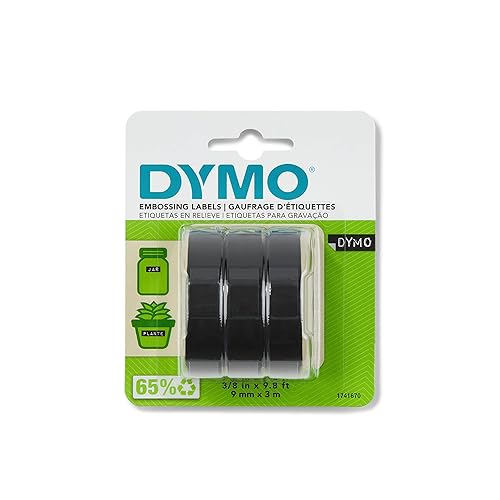 DYMO Self-Adhesive Embossing Labels, White Print on Black Tape, 3/8 x 9.8-Foot Rolls, 3 Pack