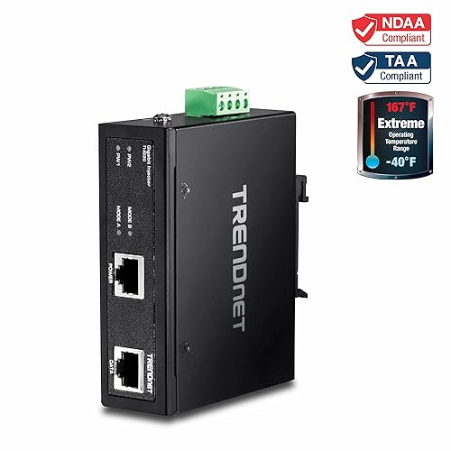 TRENDnet Hardened Industrial Gigabit PoE+ Injector, DIN-Rail, Wall Mount, IP30 Rated Housing, DIN-Rail & Wall Mounts Included, TI-IG30 30W PoE +