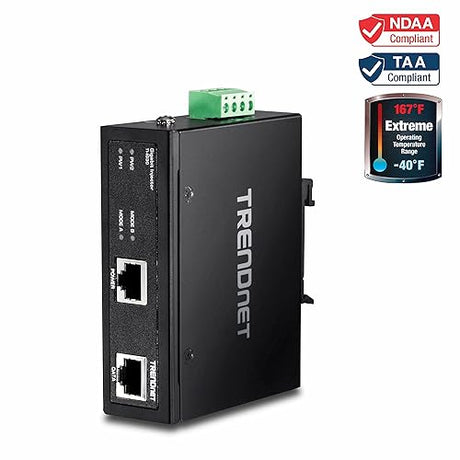 TRENDnet Hardened Industrial Gigabit PoE+ Injector, DIN-Rail, Wall Mount, IP30 Rated Housing, DIN-Rail & Wall Mounts Included, TI-IG30 30W PoE +