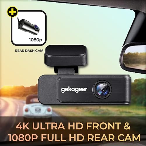 GekoGear Orbit D410 Dual Channel Dash Cam - 4K Front Camera, 1080P Rear Camera, 1.5” Display, G-Sensor, Wi-Fi, Includes 32GB MicroSD Card, Supports up to 256GB Storage