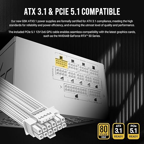 ANTEC GSK850 V2 White ATX3.1, 750W Full Modular PSU, 80 Plus Gold Certified, PCIE 5.1 Support, PhaseWave Design, Zero RPM Manager, 120mm Silent Fan, 10-Year Warranty, Braised Cable