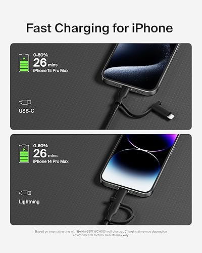 Belkin BoostCharge Braided 2-in-1 USB-C Charging Cable w/USB-C & Lightning Connector (1.5M) Fast & Multi-Charging for iPhone Series, iPad, MacBook, Galaxy Series, Nintendo Switch 2 & More - Black