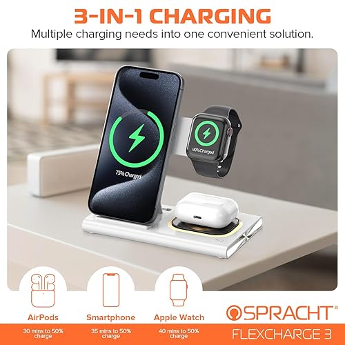 Spracht Flex Charge 3-3 in 1 Charging Station, Portable Charging Station for Smartphones, Smart Watches, Earbuds – 25W Fast Wireless Charger Stand Night Light – Foldable Travel Charger 3 in 1 (White)