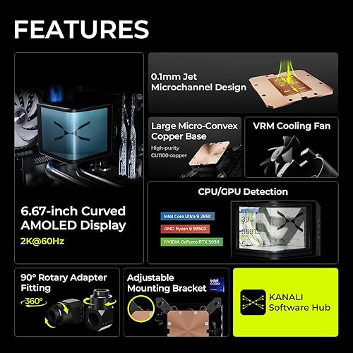 TRYX Panorama WB CPU Water Block, Curved 2K AMOLED Display, Microchannel Fins, Copper Base, G1/4” Threaded Outlet, VRM Fan, Intel LGA 1851/1700 AMD AM5/AM4 Black