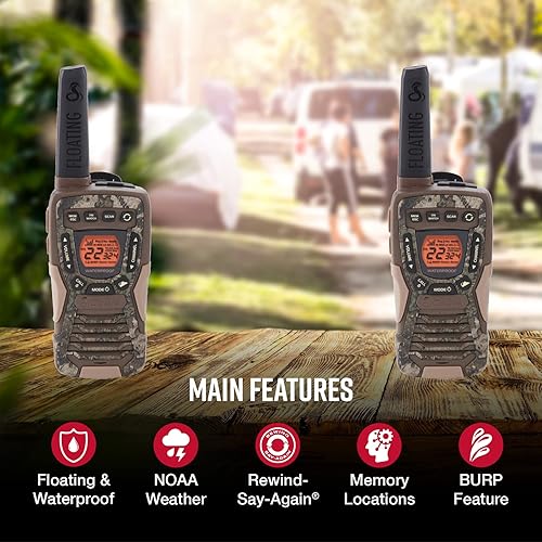 Cobra ACXT1035R FLT TTC Floating and Waterproof Walkie Talkies for Adults with Compatible Cobra Surveillance Headset: Rechargeable, 22 Channels, Long-Range, 2 Two-Way Radios, 2 Headsets True Timber Camo Walkie Talkie + Headset (2 pc)