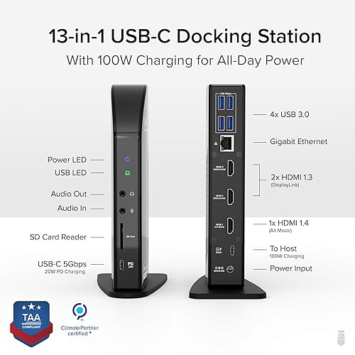Plugable USB-C Triple Monitor Docking Station: 13-in-1 Laptop Dock with 100W Charging for Mac (DisplayLink Driver Required), Windows, Chrome, 3 HDMI, Gigabit Ethernet, SD, USB-C 20W, 4 USB - UD-ULTCDL