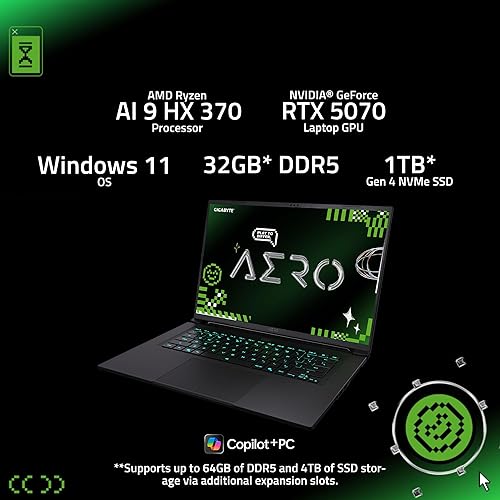 GIGABYTE AERO X16; Copilot+ PC - 165Hz 2560x1600 WQXGA - NVIDIA GeForce RTX 5070 - AMD Ryzen AI 9 HX 370-1TB SSD with 32GB DDR5 RAM - Windows 11 Home - Space Gray AERO X16 2WHA3USC64AH AMD Ryzen AI 9 HX 370 32 GB DDR5 / 1 TB SSD RTX 5070 Space Gray