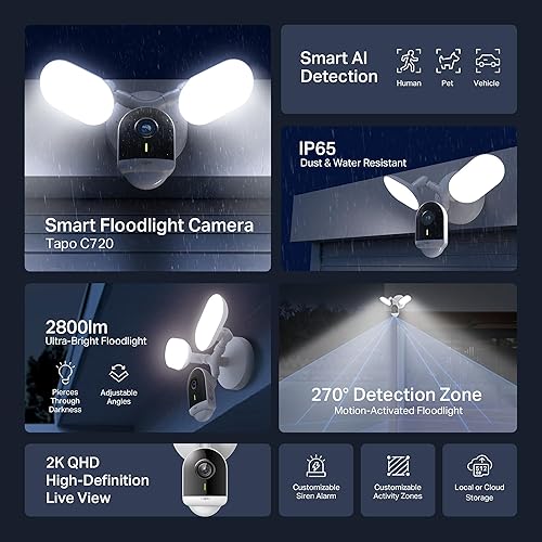 Tapo TP-Link Smart Outdoor Security Floodlight Camera, Wired, 2800 Lumens, 270° Motion-Activated, 2K QHD, No Subscription Required, Works w/Alexa & Google Assistant, Smart AI Detection, C720