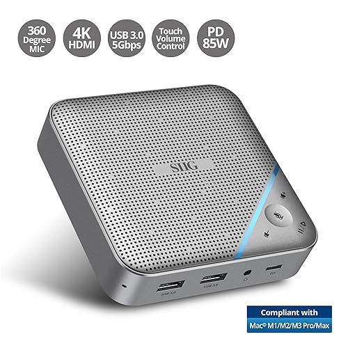 SIIG USB-C Multitask Mini Dock with Conference Speaker, Omnidirectional Microphone, Touch Volume Control, 4K HDMI, USB 3.0, 85W PD, Plug-N-Play, Mac and Windows, Silver (JU-DK0S11-S1)
