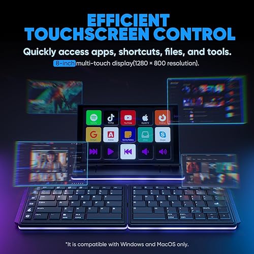 MP Mobile Pixels Tetra Keyboard with 8 Inch Touch Screen, Customizable Hot Keys Wireless Ergonomic Keyboards, 3 Modular Layouts, Bluetooth Connection, USB-C Charging, Portable Keyboard