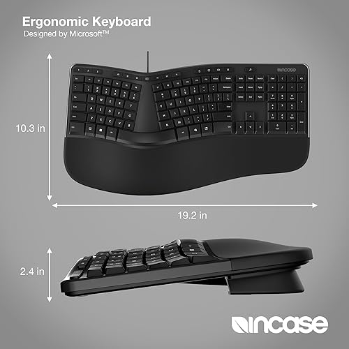 Incase Ergonomic Keyboard – Designed by Microsoft – Refined Ergonomic Design, Built-in Shortcuts Keys, Layered Palm Rest for Elevated Wrist Support, Integrated Number Pad – Black
