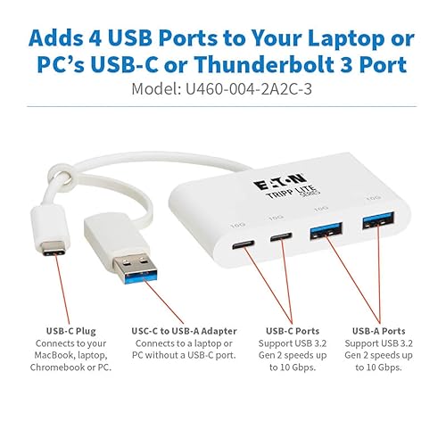 Tripp Lite 4-Port USB-C Hub for Laptop, 2 USB-A & 2 USB-C Ports - USB 3.2 Gen 2 with 10 Gbps Data Transfer, Thunderbolt 3 Compatible, No Software Needed, White, 3-Year Warranty (U460-004-2A2C-3)