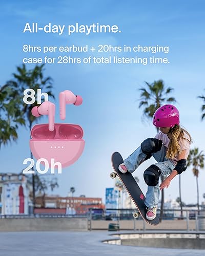 Belkin SoundForm Nano 2 Bluetooth Earbuds for Kids with Built-in Microphone, 28H Battery Life, Safe 85dB Volume, IPX5 Water Resistance - Kids Bluetooth Earbuds for iPhone, iPad, Galaxy, & More - Pink Pink One Size