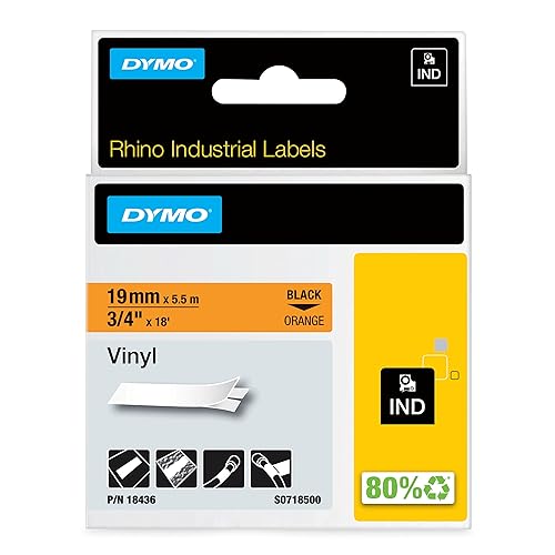 DYMO Industrial Labels for DYMO Industrial Rhino Label Makers, Black on Orange, 3/4", 1 Roll (18436), DYMO Authentic Black on Orange 3/4" (19MM) Makers