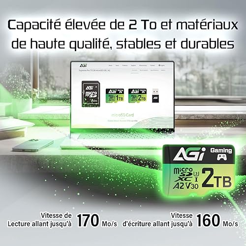 AGI 2TB TF138 MicroSD Memory, High-Capacity Storage Suit for Gaming. MicroSDXC A2 U3 V30 4K UHS-I U3 (Read Speed up to 170 MB/s, Write Speed up to 160 MB/s) with SD Card Adapter