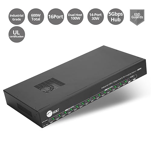 SIIG 16-Port Industrial 600W USB-C PD Charging Station Hub - 5Gbps Transfer Speeds, 30W 14-Port, 100W 2-Port, Metal, Surface Mountable Housing, Auto Fan Control, ESD Protection (ID-US0B11-S3)
