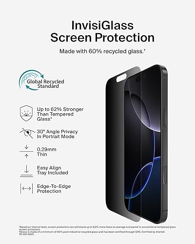Belkin ScreenForce InvisiGlass Privacy Screen Protector for iPhone 16 Pro Max, Scratch-Resistant Impact Protection w/Included Easy Align Tray for Bubble Free Application - Made with Recycled Glass