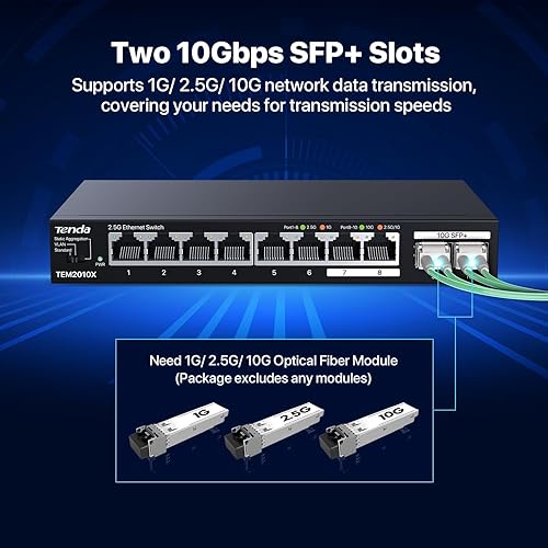 Tenda TEM2010X, 8 Port 2.5G Ethernet Switch Support VLAN & Static Link Aggregation, Unmanaged 2.5Gb Switch with 8 x 2.5G Ports & 2 x 10Gb SFP Slots, 80Gbps Switching Capacity, Fanless Metal Design