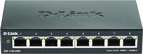 D-Link 8-Port Gigabit Smart Managed Desktop Switch, Layer 2 Features, VLANs, Cable Diagnostics, Compact, Fanless, Energy Saving Features, Smart Web GUI (DGS-1100-08V2) Switch 8 Port Gigabit V2