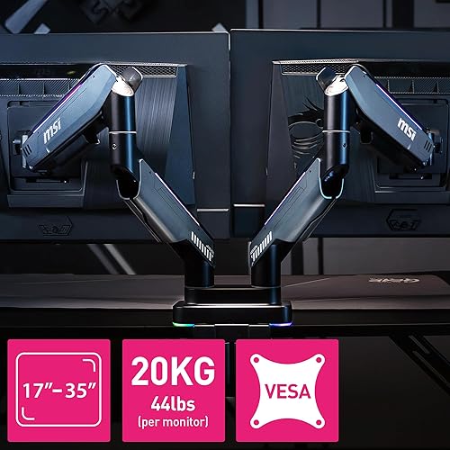 MSI MPG MT201DR V2-Premium RGB Dual Monitor Stand Arms,17-35 Support,VESA Compatible,Adjustable Heavy Duty Gas Spring Mount,44 lbs per Screen Capacity,Clamp&Grommet,Quick Release Plate-Gray